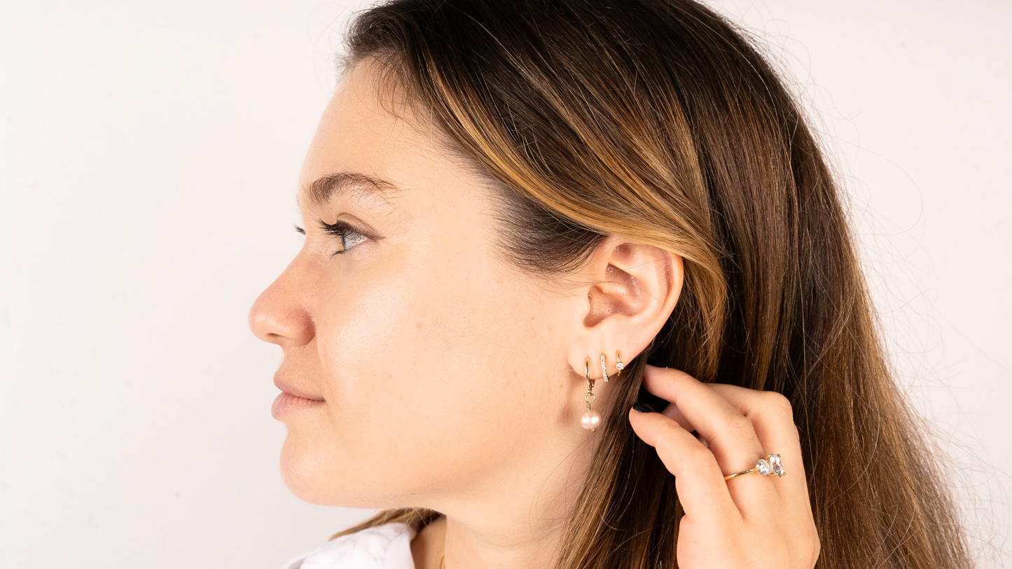 Gold Huggies with Pink Pearl Charm