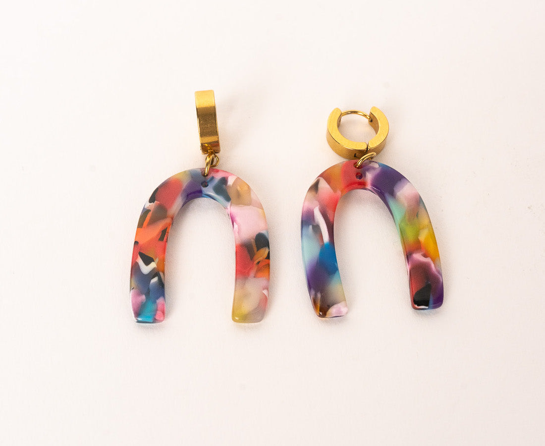 Thick Gold Huggies with Multi-colored Acrylic U Charm