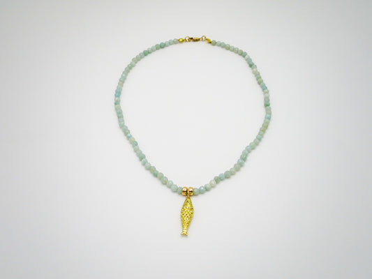 Faceted Seafoam Beaded Necklace with Fish Charms