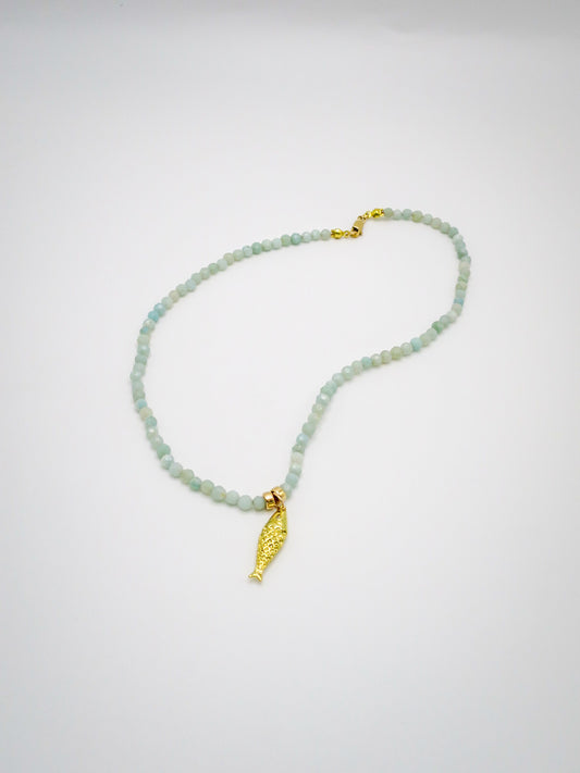 Faceted Seafoam Beaded Necklace with Fish Charms
