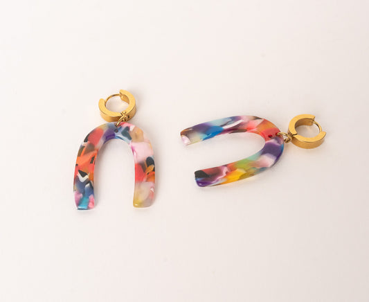 Thick Gold Huggies with Multi-colored Acrylic U Charm