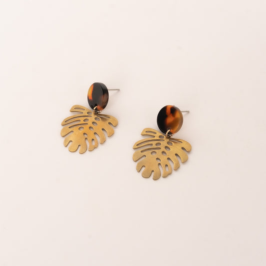 Tortoise Shell Studs with Gold Monstera Leaf Drop Earrings