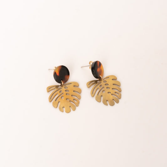 Tortoise Shell Studs with Gold Monstera Leaf Drop Earrings