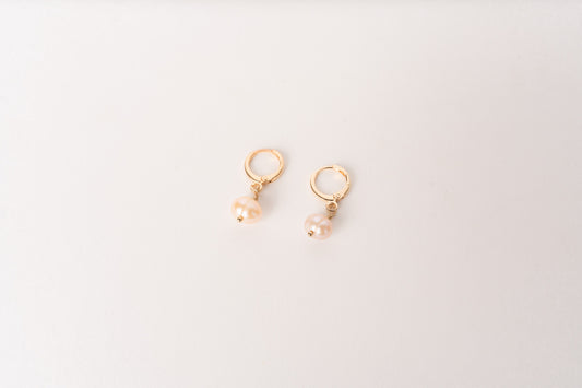 Gold Huggies with Pink Pearl Charm