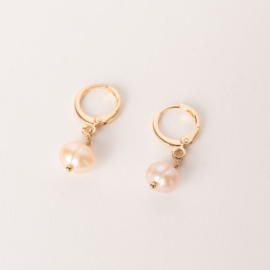 Gold Huggies with Pink Pearl Charm